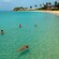 Three people chest deep in the ocean off a nearby beach lined with palms and small buildings